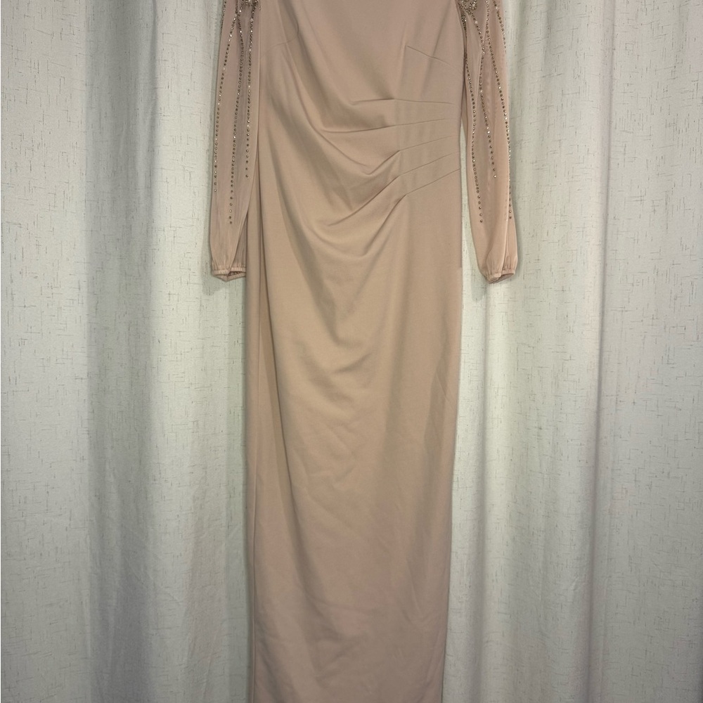 MARINA Long Sleeve Blush Dress with Embellishments
